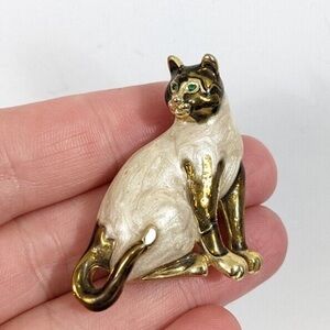 Green Eyed Enamel Cat Brooch Siamese